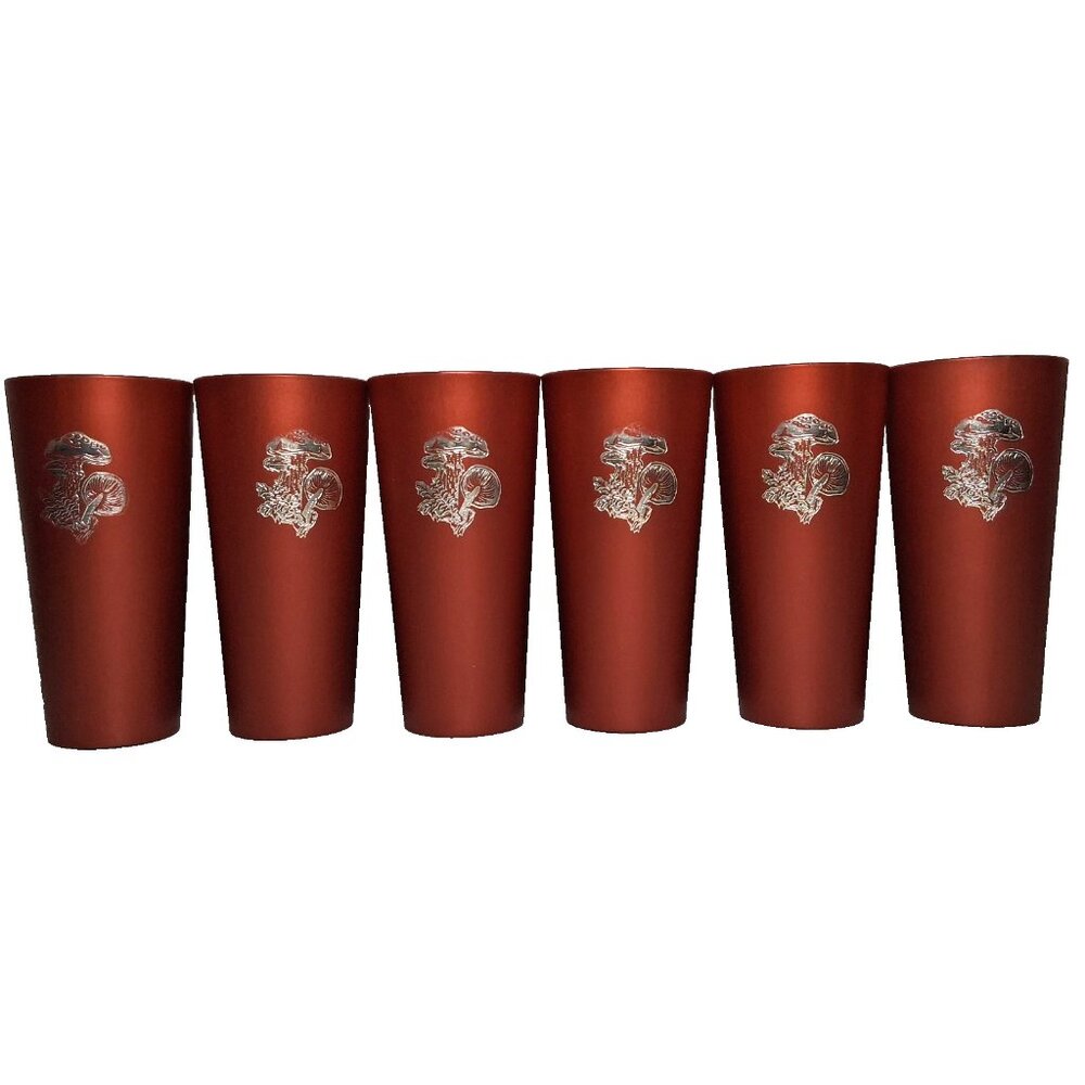 Vintage NASCO Mushroom Tumbler Cup Set 6 Drink Cups Brown Gold Plastic Nature
